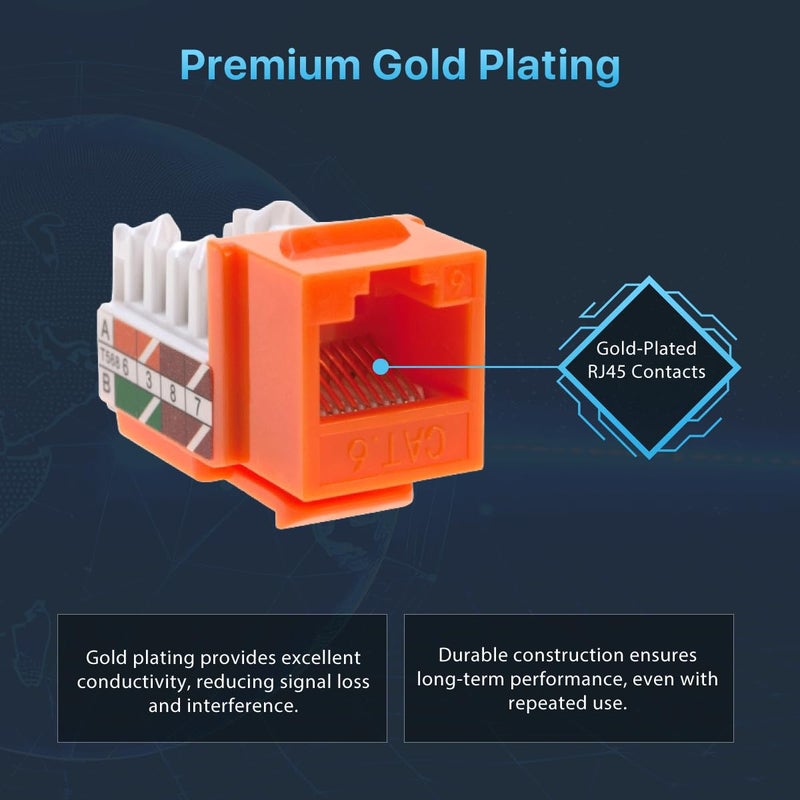 SATMAXIMUM 30 Pack Cat6 Keystone Ethernet Wall Jacks RJ45 Punch Down Slim Profile UTP Orange, 45 Degree for Patch Panel & Wall Plate, Supports Up to 10Gbps - Image 4
